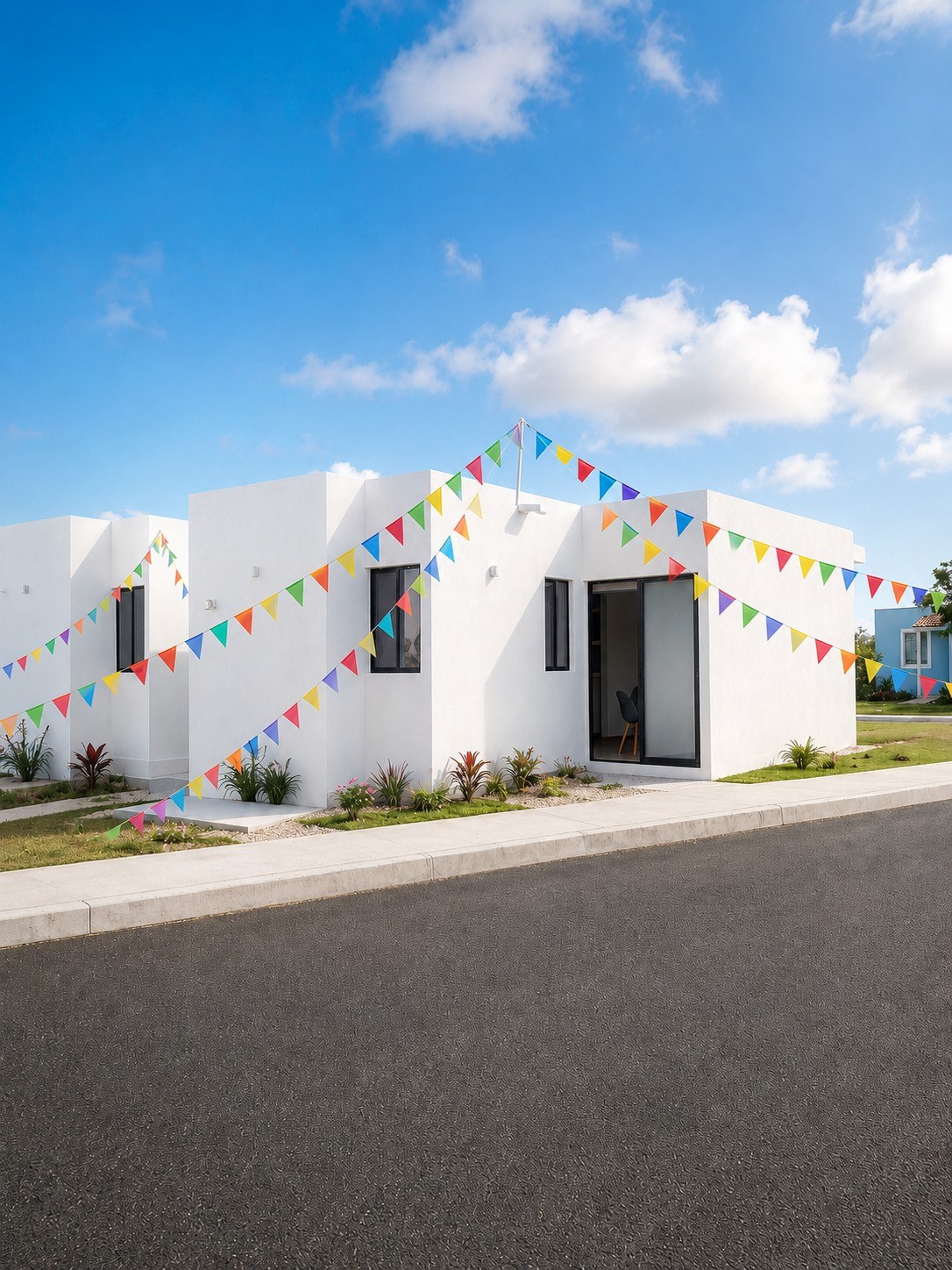 Fachada de casa muestra con banderines de colores